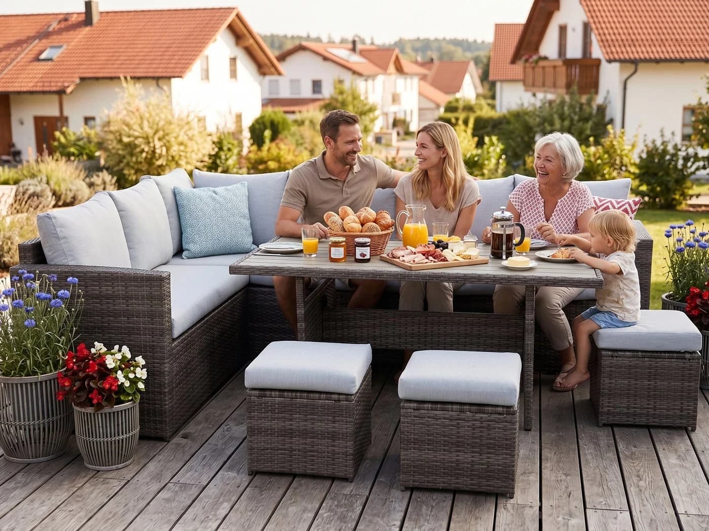 MeXo Loungeset 7-tlg. Grau Poly Rattan mit Esstisch - Bild 3