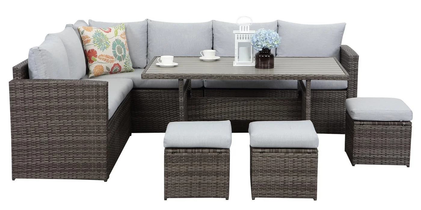 MeXo Gartenlounge-Set 7-tlg. Grau Poly Rattan für 8-10 Personen