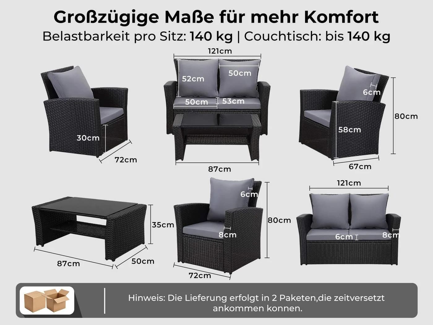 MeXo Gartenlounge-Set 4-tlg. Schwarz Polyrattan mit Kissen - Bild 3