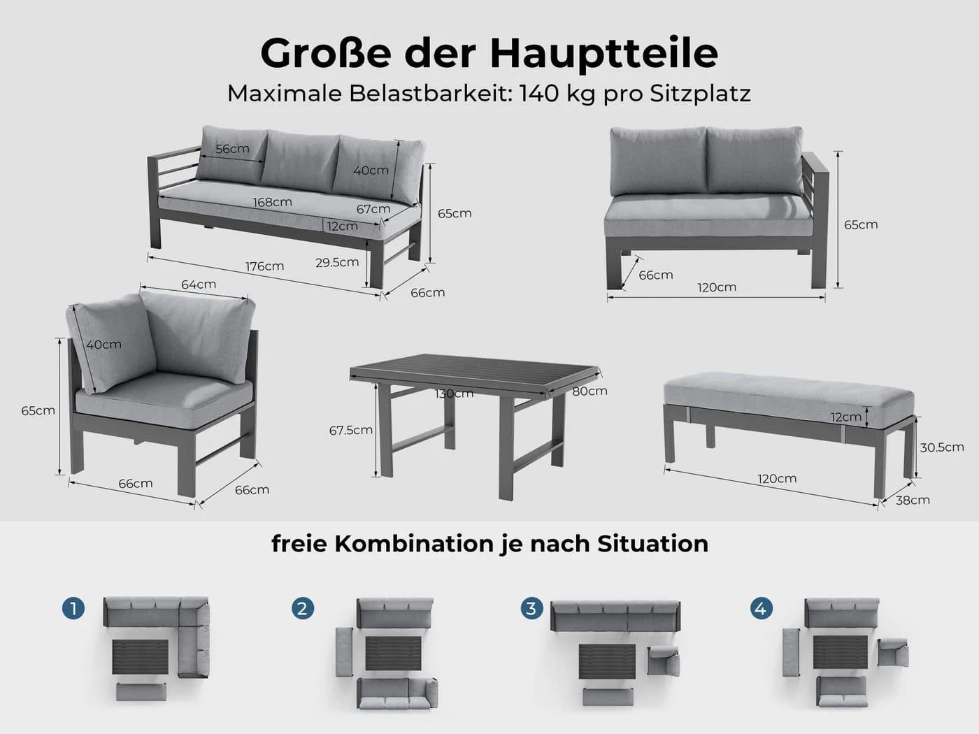 MeXo Gartenlounge-Set XXL Grau Aluminium mit Kissen - Bild 3