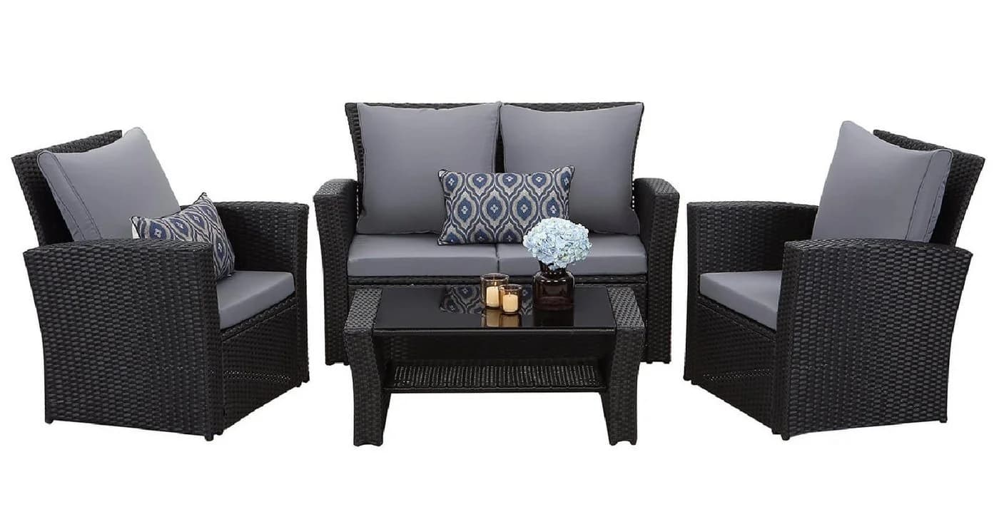 MeXo Gartenlounge-Set 4-tlg. Schwarz Poly Rattan mit Kissen