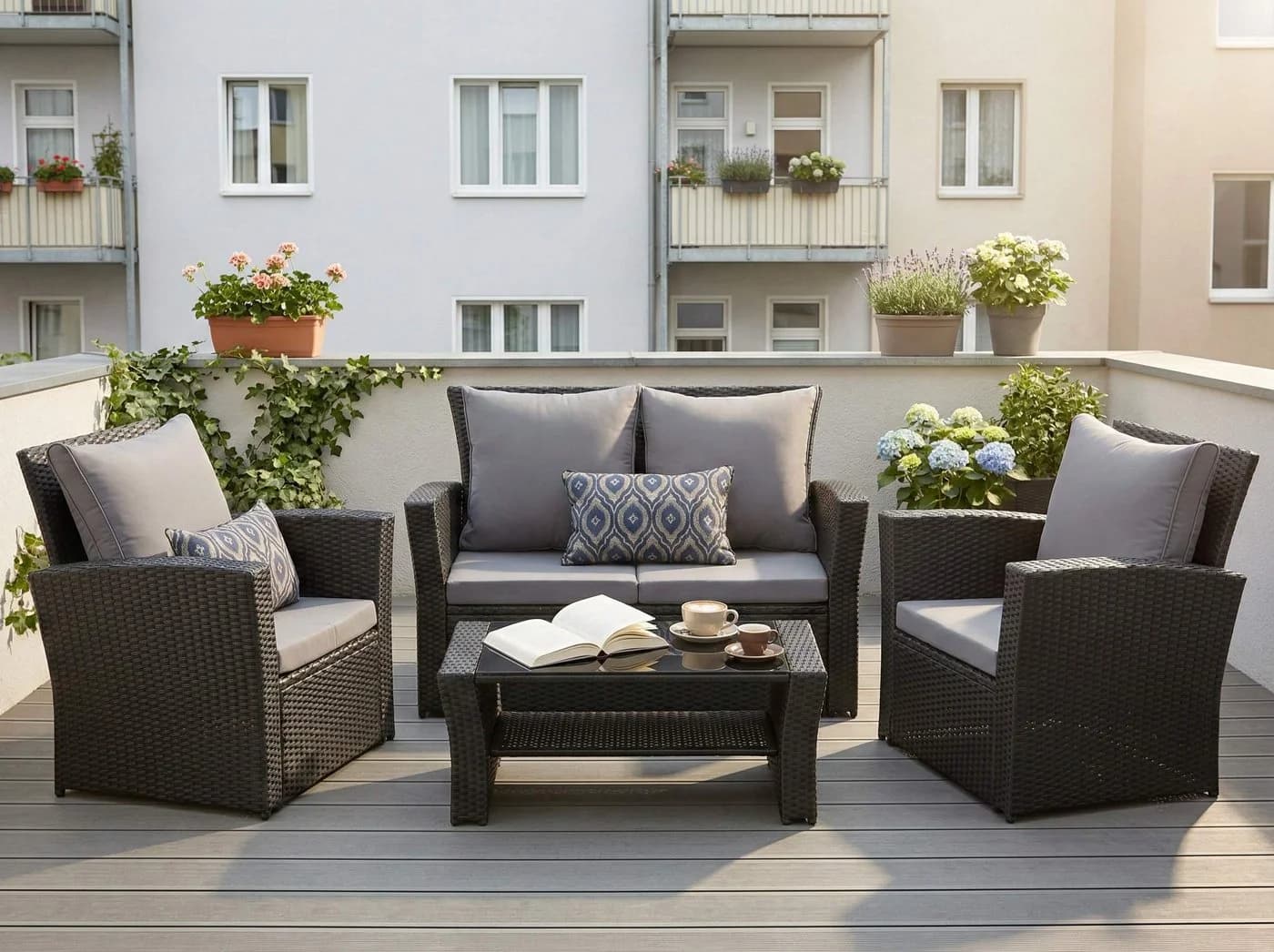MeXo Gartenlounge-Set 4-tlg. Schwarz Poly Rattan mit Kissen - Bild 2