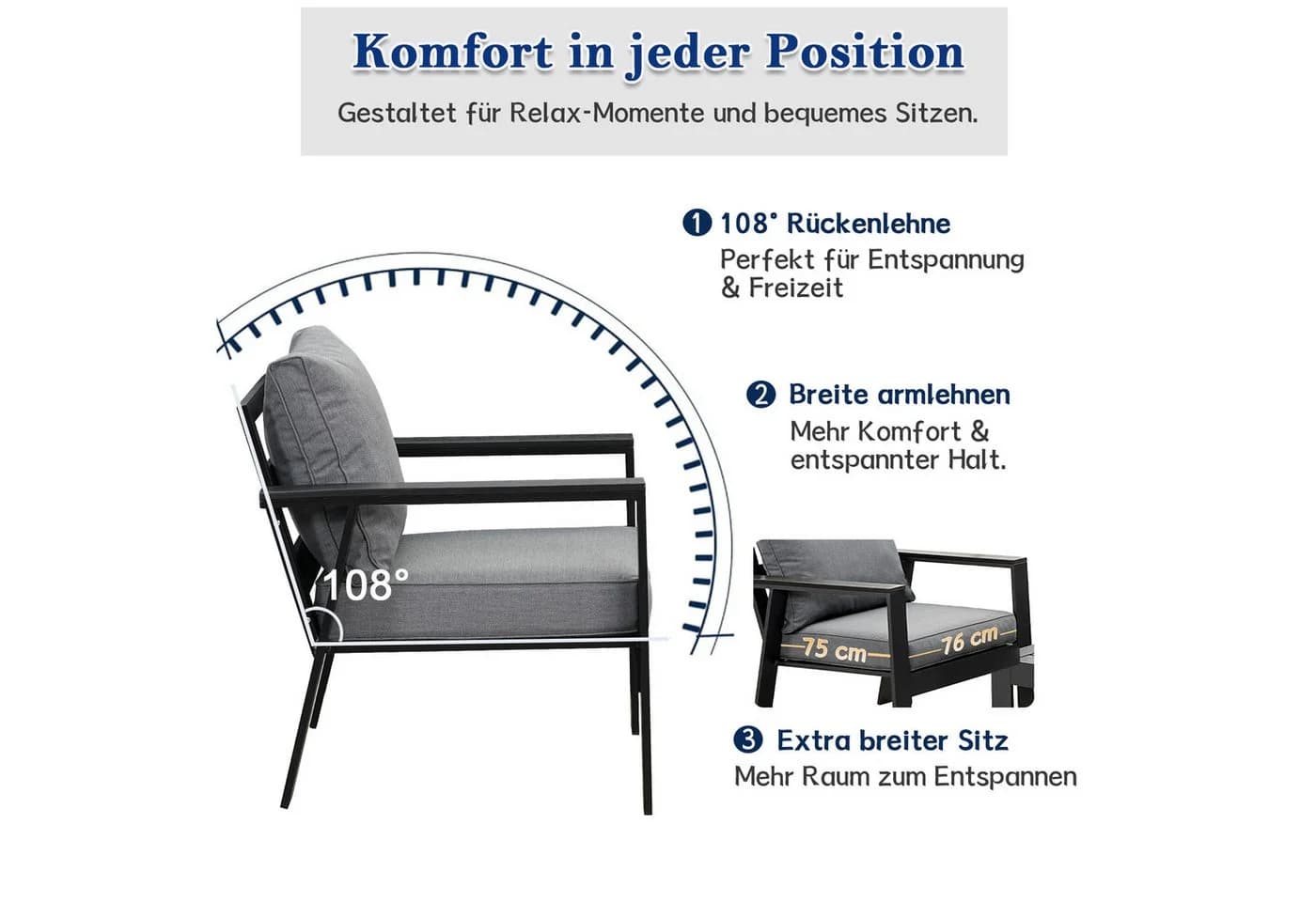 MeXo Gartenlounge-Set Aluminium 2-tlg. mit Kissen grau - Bild 3