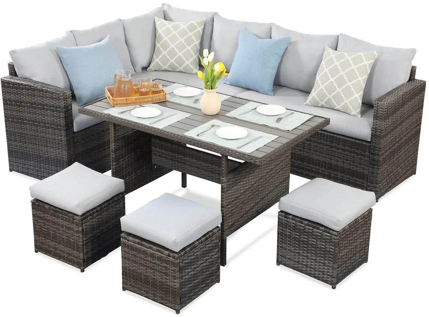 MeXo Gartenlounge-Set 7-tlg. Grau Polyrattan mit Kissen