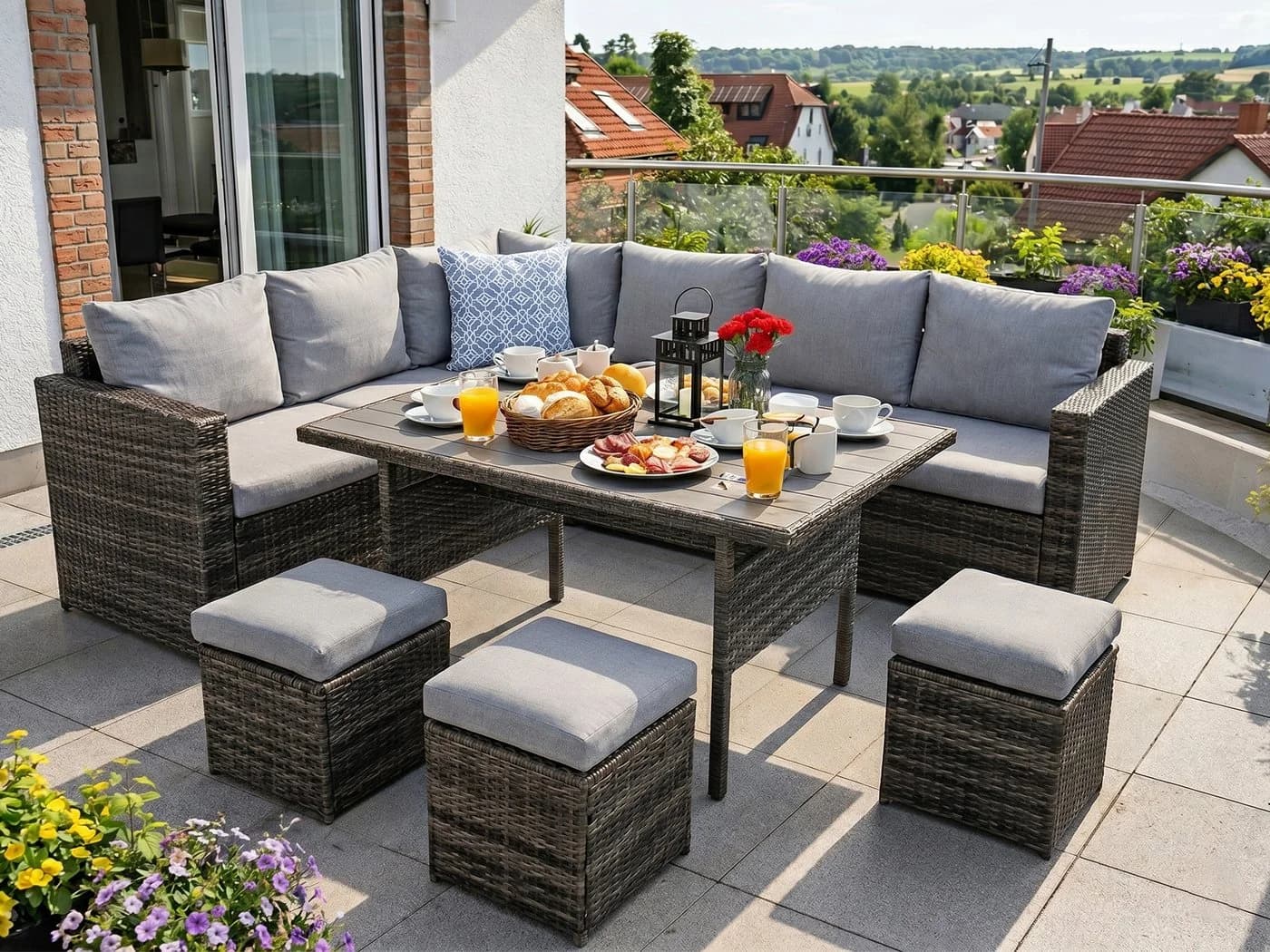 MeXo Gartenlounge-Set 7-tlg. Grau Polyrattan mit Kissen - Bild 2