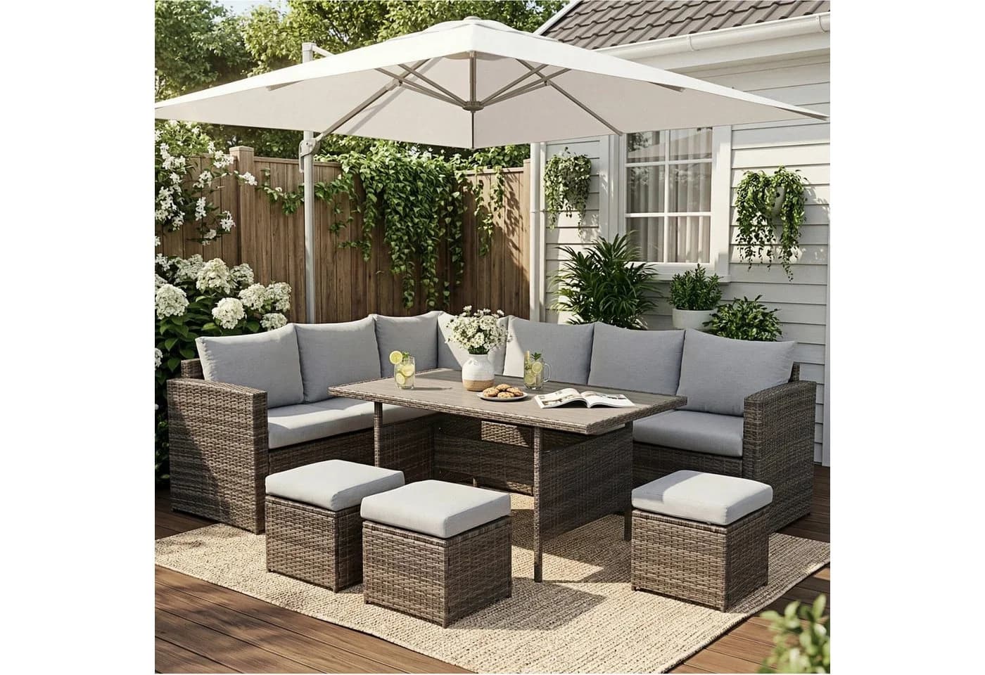 MeXo Gartenlounge-Set 7-tlg. Grau Polyrattan mit Kissen - Bild 3