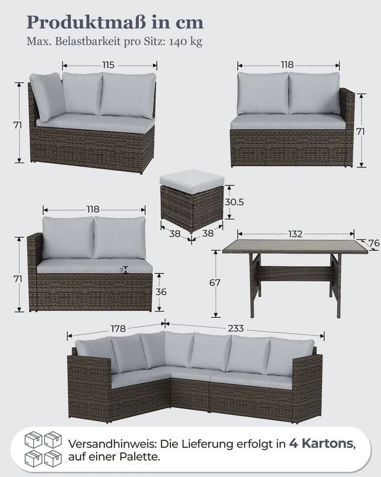 MeXo Gartenlounge-Set 7-tlg. Grau Polyrattan mit Kissen - Bild 5