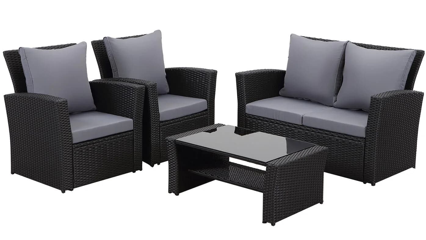 MeXo Gartenlounge-Set 4-tlg. Schwarz Polyrattan mit Kissen