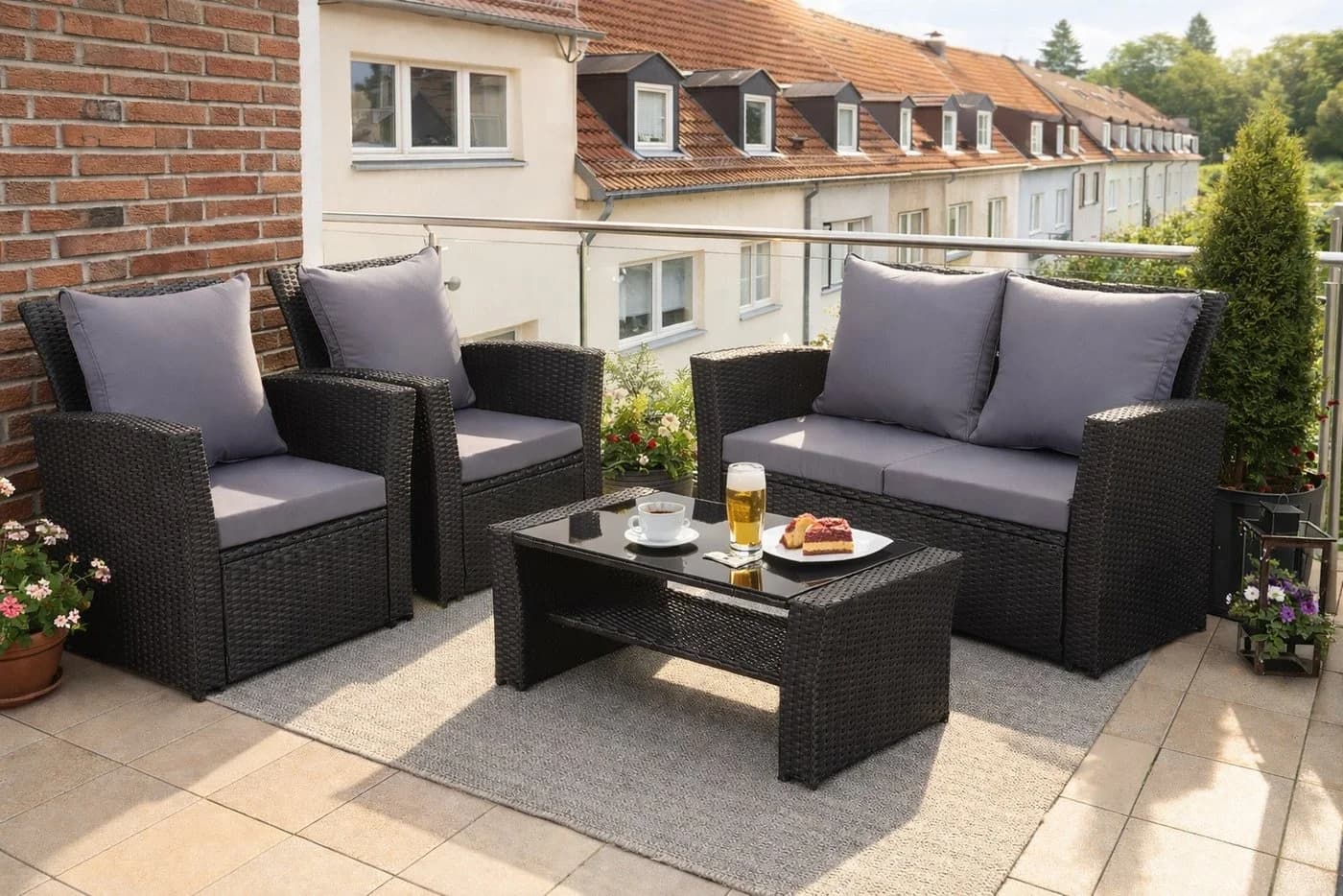 MeXo Gartenlounge-Set 4-tlg. Schwarz Polyrattan mit Kissen - Bild 2