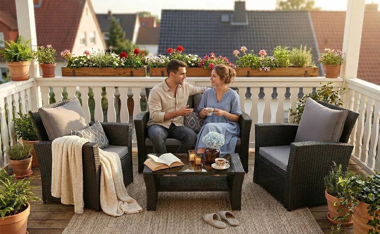MeXo Gartenlounge-Set 4-tlg. Schwarz Polyrattan mit Kissen - Bild 3