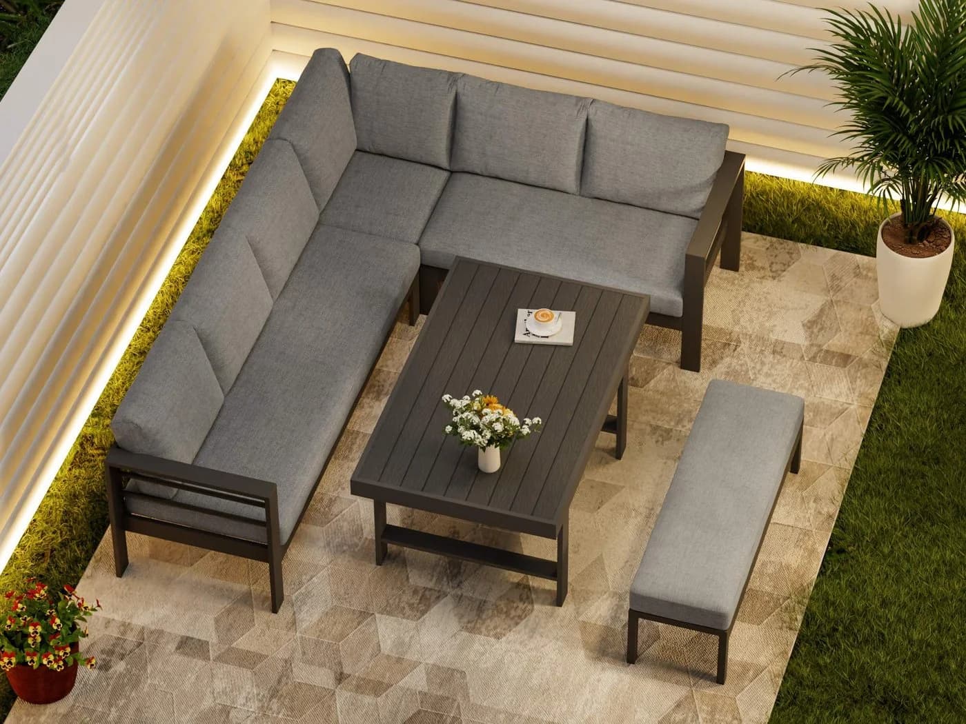 MeXo Gartenlounge-Set XXL Grau Aluminium 5-tlg. mit Kissen - Bild 5