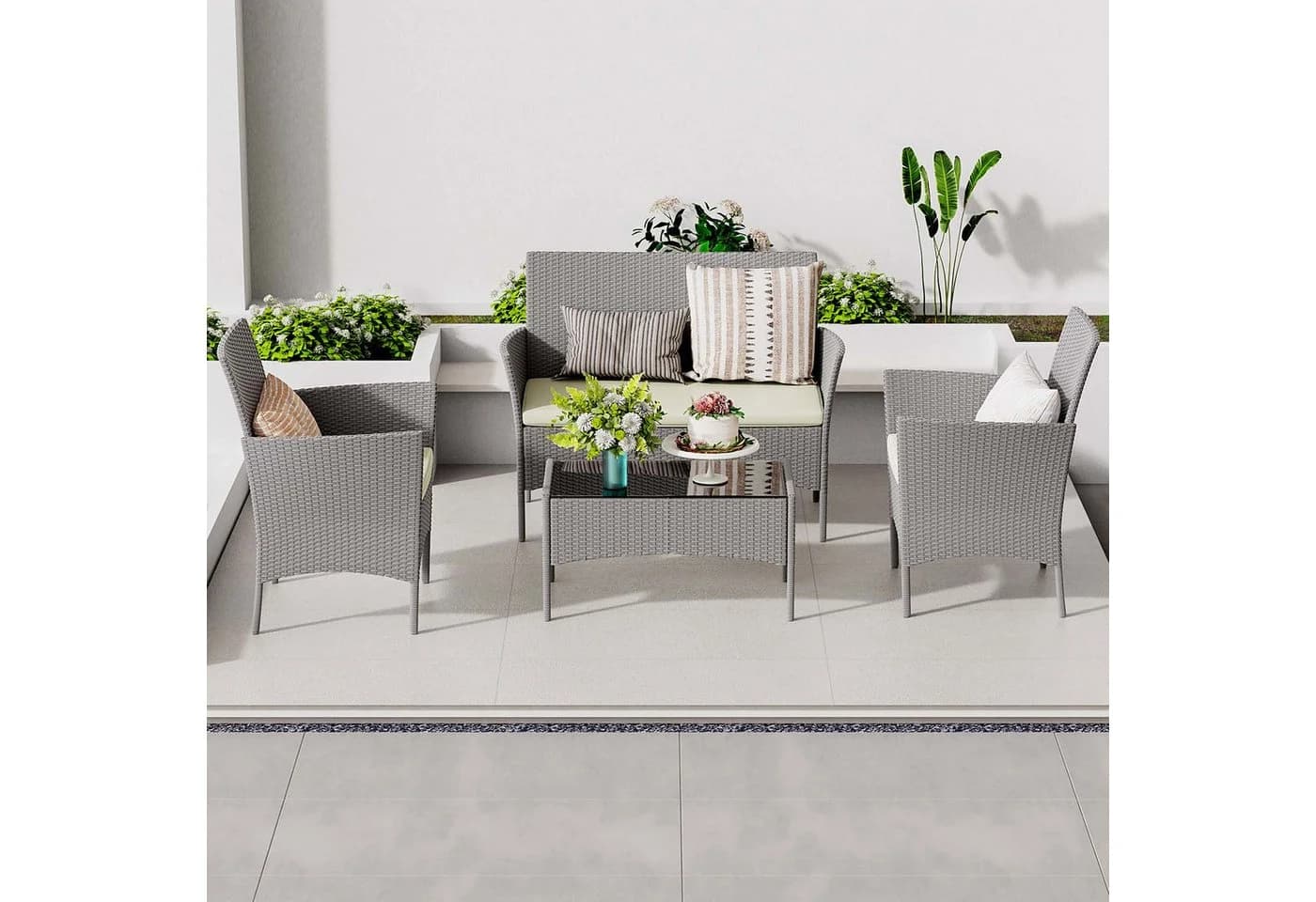 Gywowken Gartenlounge-Set 4-teilig Grau/Cremeweiß Polyrattan - Bild 2