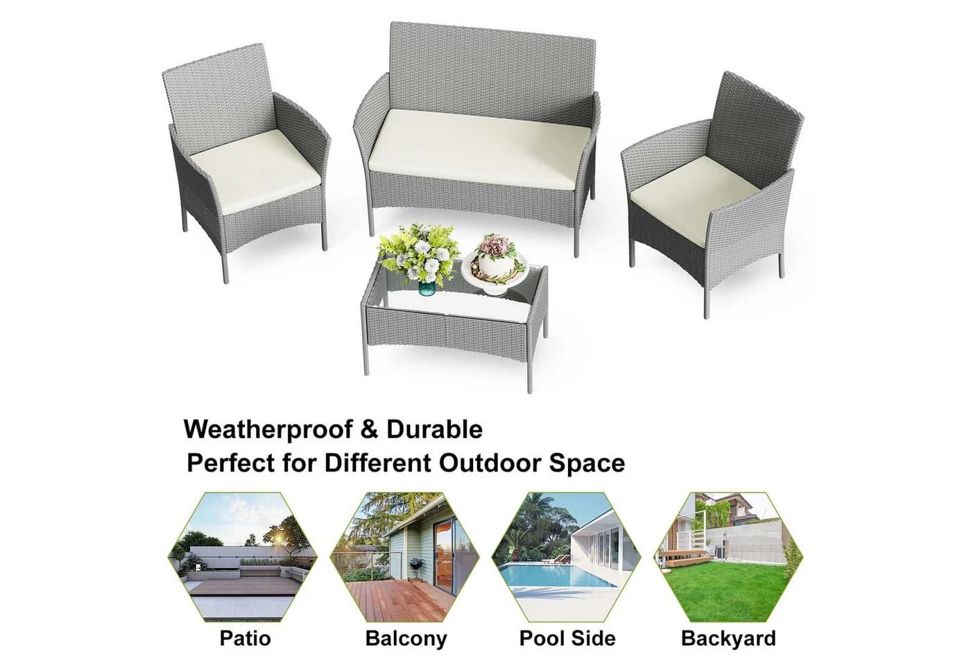 Gywowken Gartenlounge-Set 4-teilig Grau/Cremeweiß Polyrattan - Bild 5