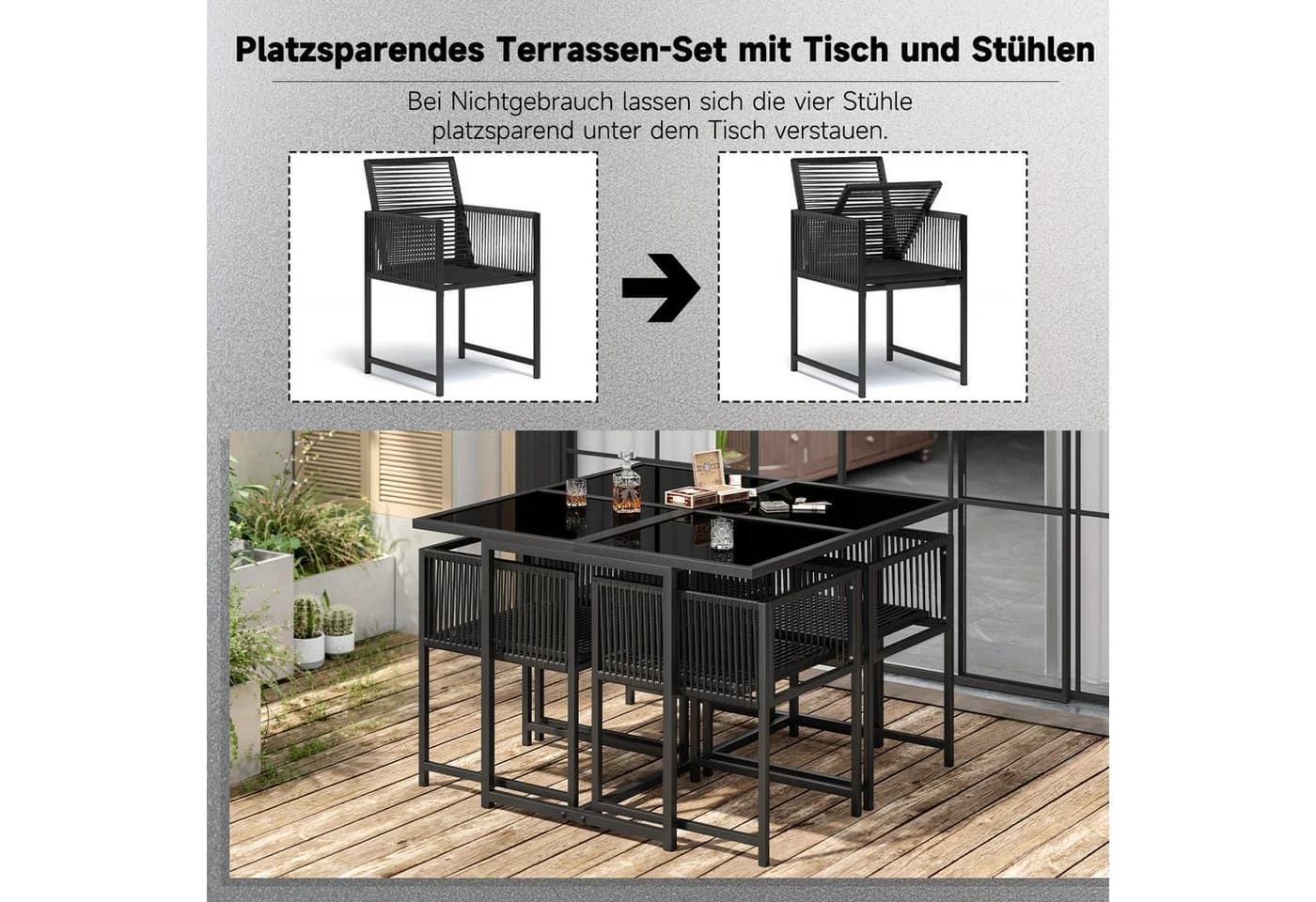 Gywowken Garten-Essgruppe 5-tlg. Schwarz Poly-Rattan mit Glasplatte