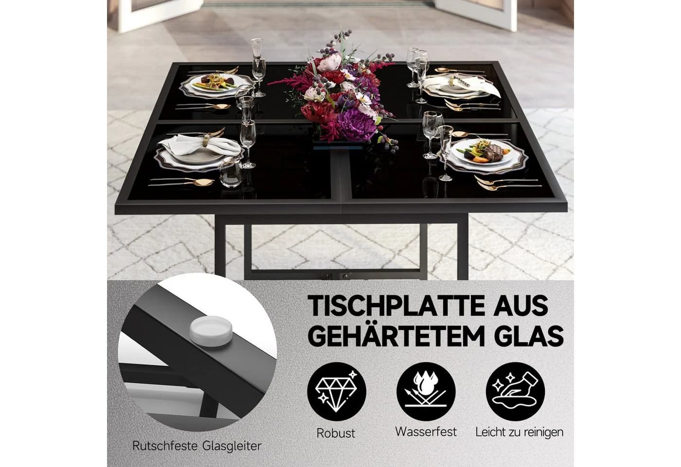 Gywowken Garten-Essgruppe 5-tlg. Schwarz Poly-Rattan mit Glasplatte - Bild 4