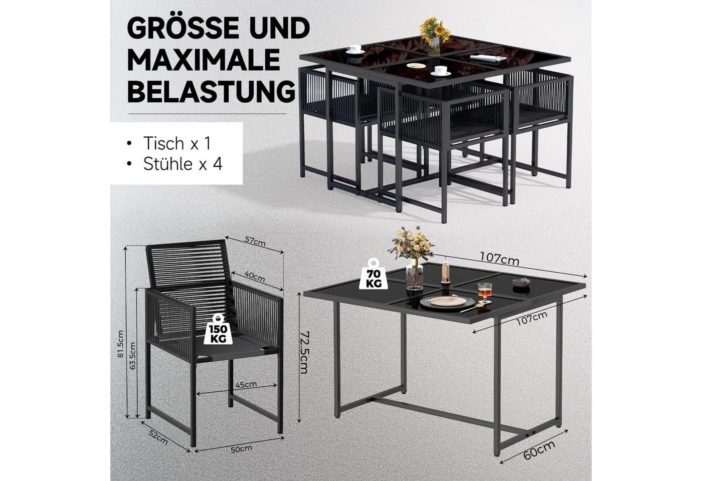 Gywowken Garten-Essgruppe 5-tlg. Schwarz Poly-Rattan mit Glasplatte - Bild 5
