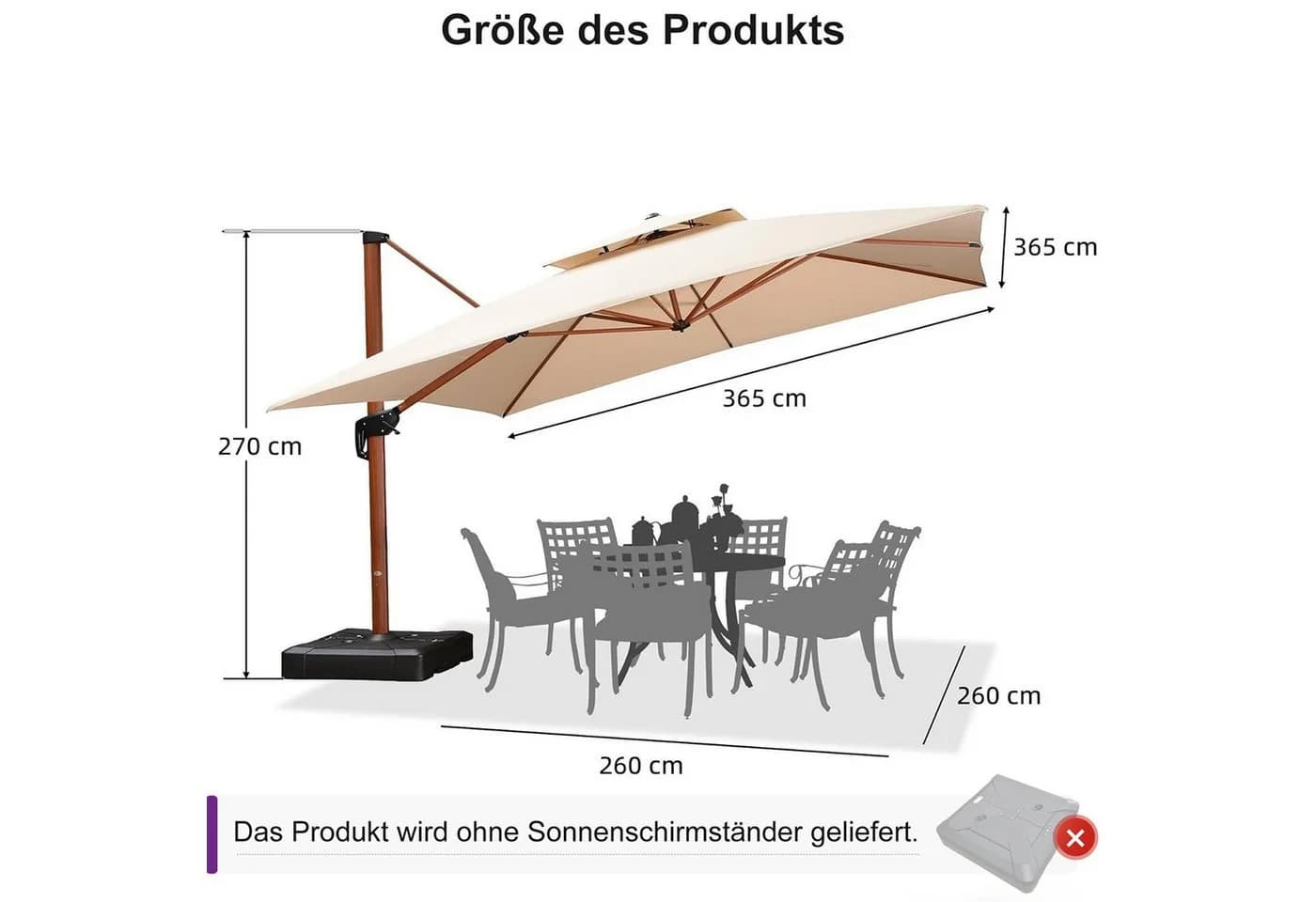 PURPLE LEAF Sonnenschirm Holzoptik Quadratisch Beige Aluminium