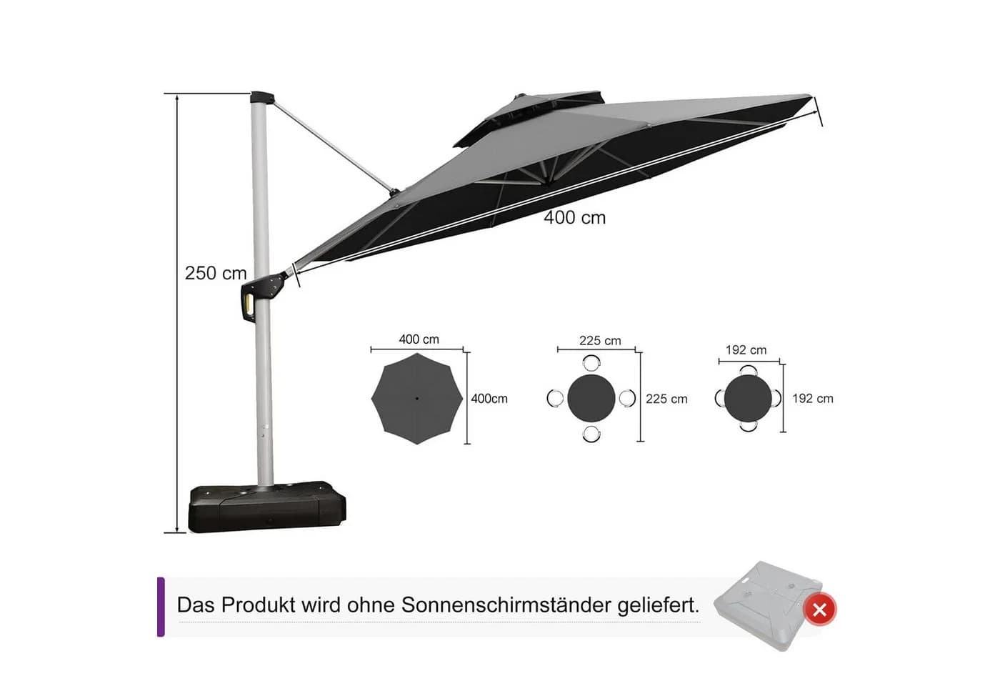 PURPLE LEAF Sonnenschirm Grau 400x400 cm Doppeldach UV50+