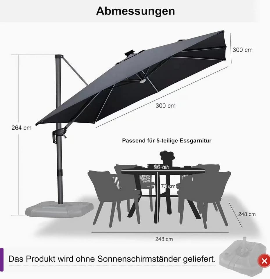PURPLE LEAF Sonnenschirm Quadratisch LED-Licht 360° Rotation