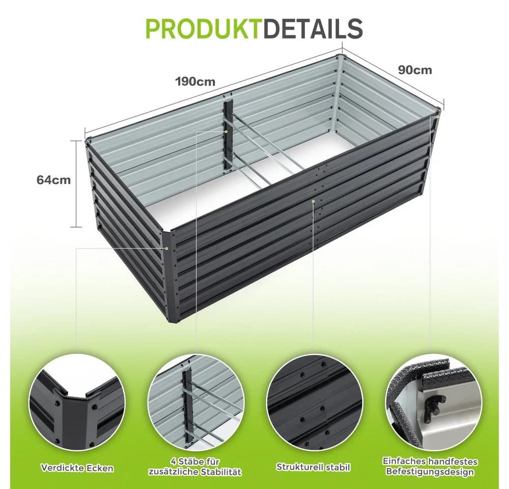 BBWL Hochbeet 190x90x64 cm Metall Rostfrei Wetterfest Holzoptik - Bild 3