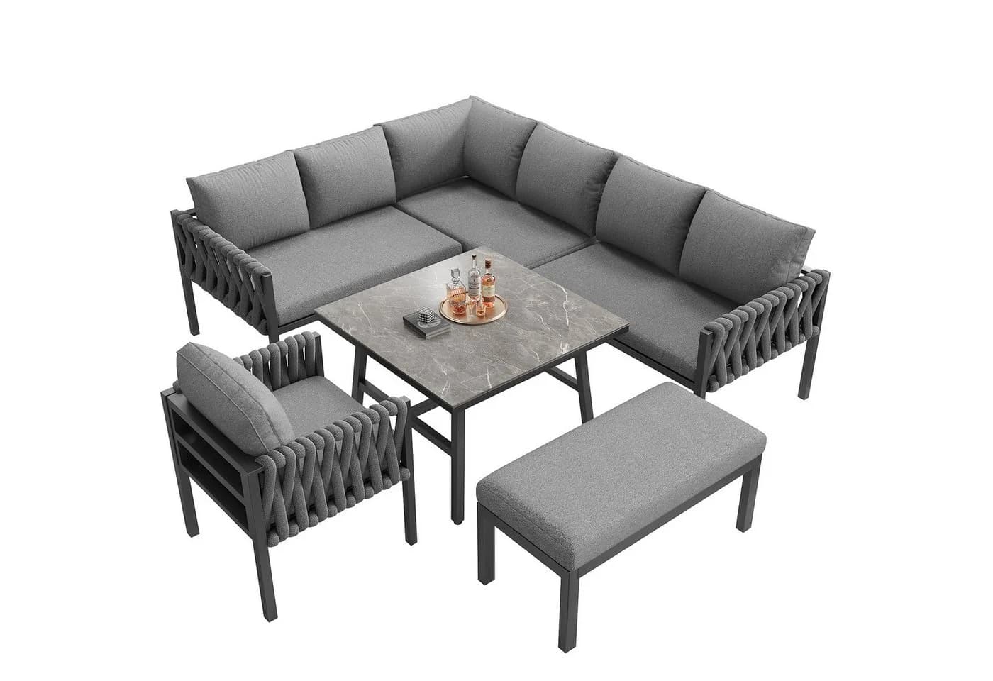 REDOM Gartenlounge-Set Grau mit verzinktem Eisengestell und Glasplatte