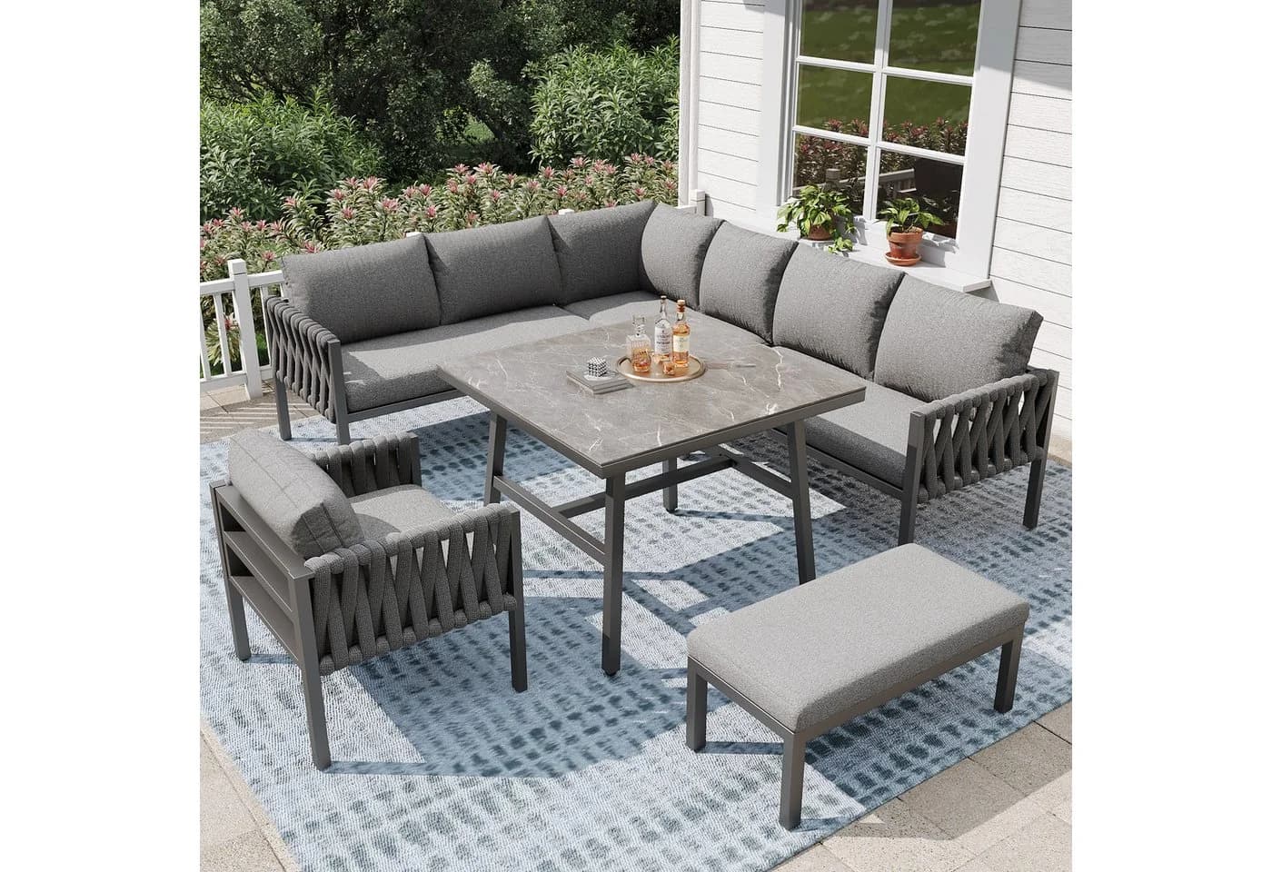 REDOM Gartenlounge-Set Grau mit verzinktem Eisengestell und Glasplatte - Bild 2