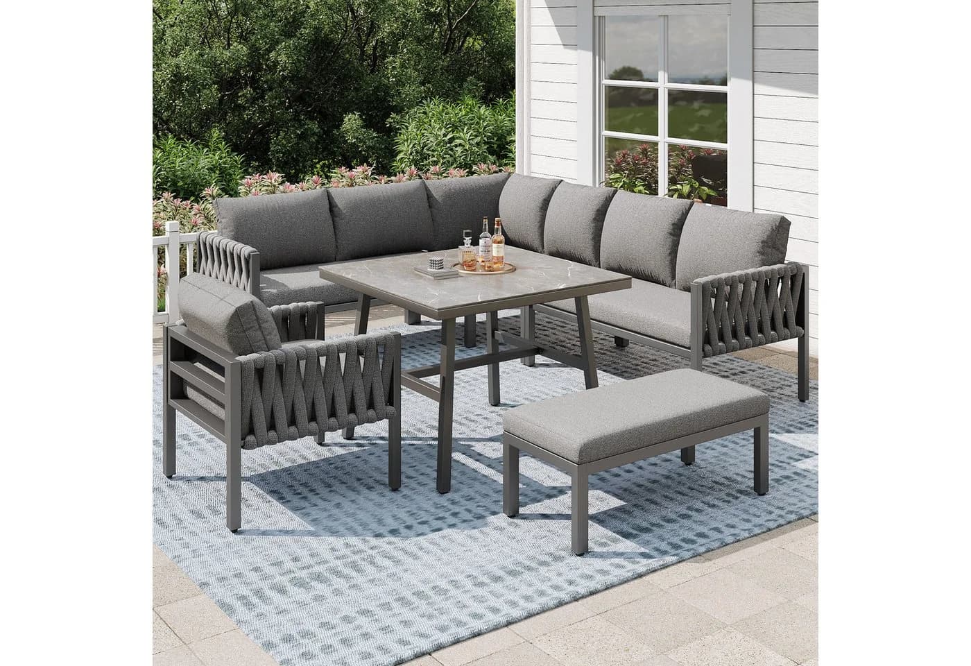 REDOM Gartenlounge-Set Grau mit verzinktem Eisengestell und Glasplatte - Bild 3