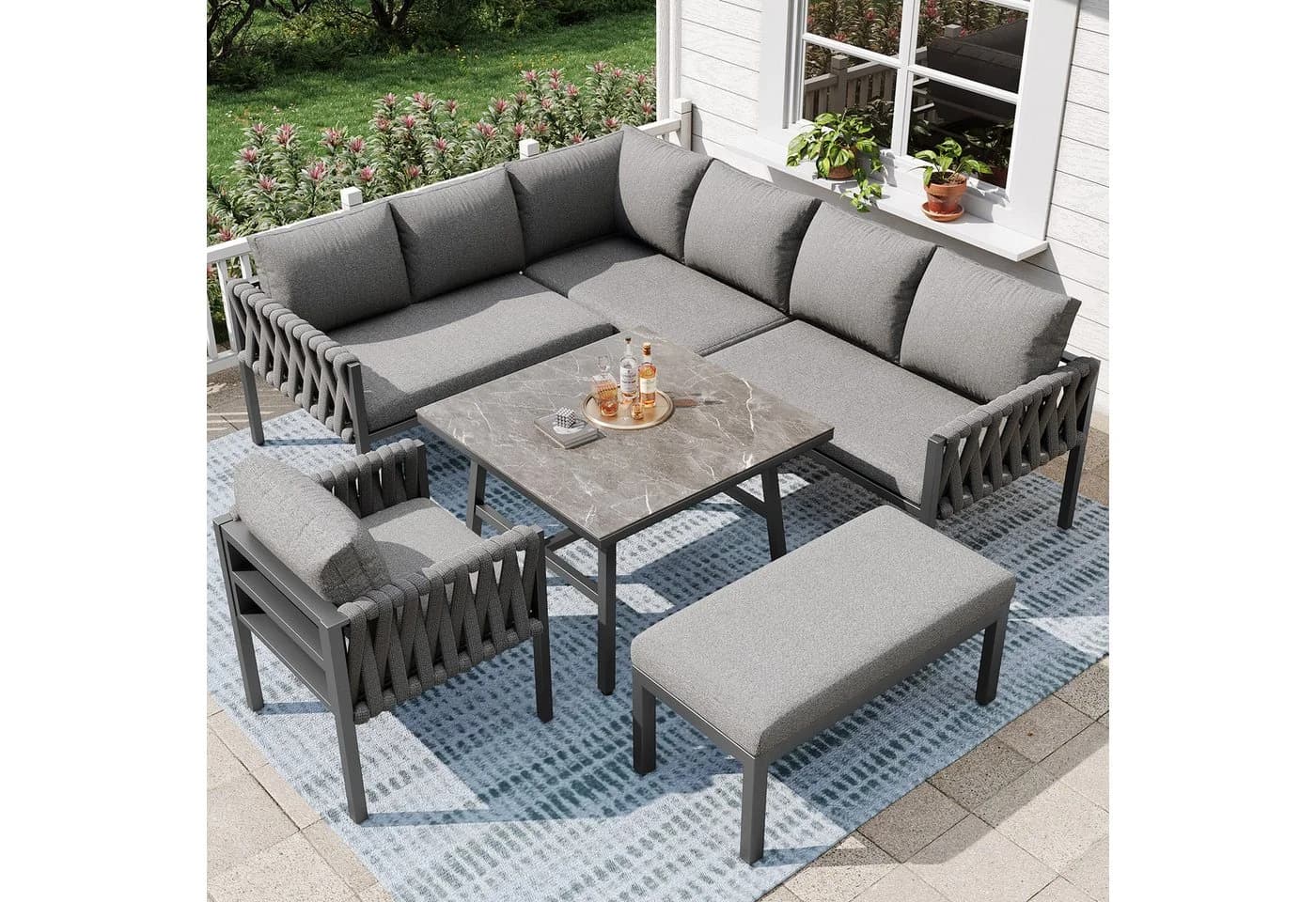 REDOM Gartenlounge-Set Grau mit verzinktem Eisengestell und Glasplatte - Bild 4