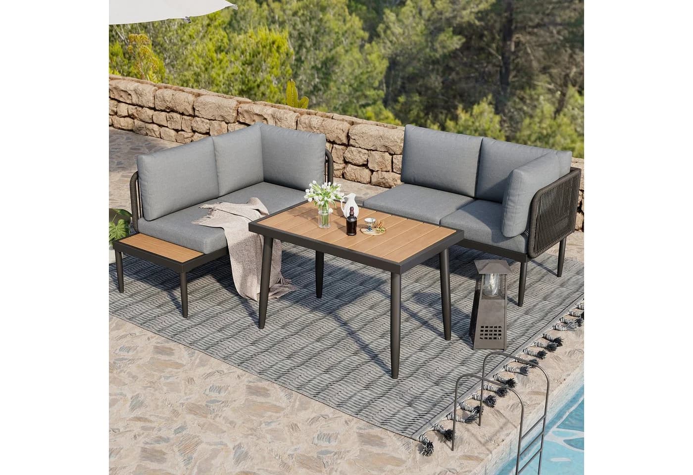 MODFU Gartenlounge-Set 3-tlg. Ecksofa + Esstisch Grau Stahl