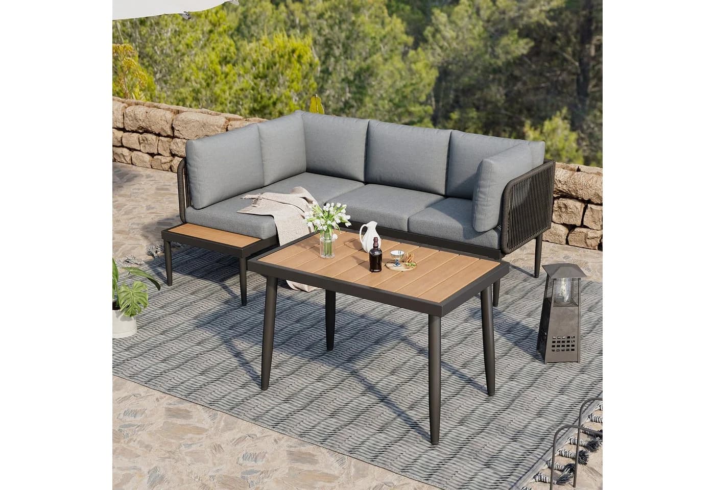 MODFU Gartenlounge-Set 3-tlg. Ecksofa + Esstisch Grau Stahl - Bild 2
