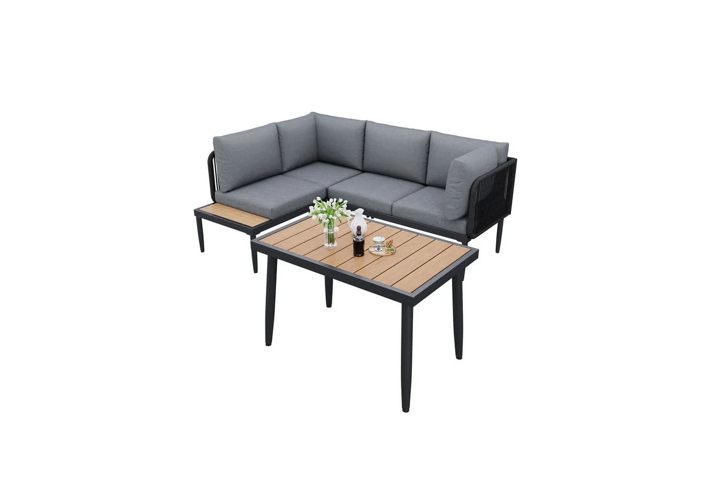 MODFU Gartenlounge-Set 3-tlg. Ecksofa + Esstisch Grau Outdoor