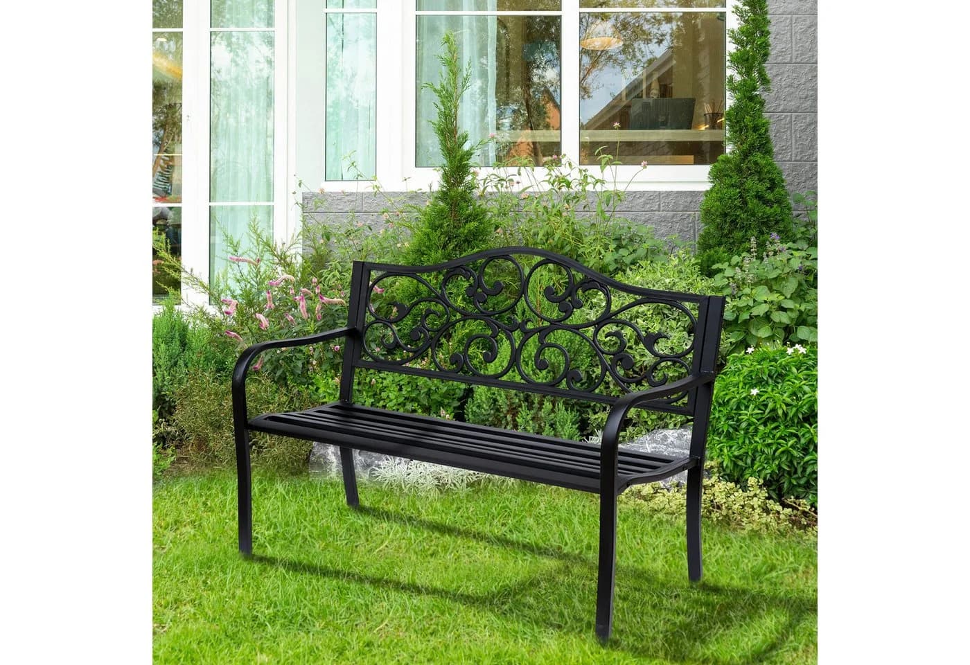 BBG Gartenbank 3-Sitzer Metallbank Schwarz Stahl Gusseisen