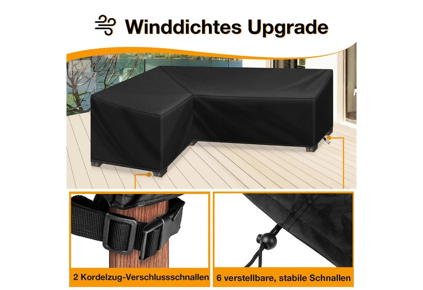 Jibenhome L-förmige Gartenmöbel-Schutzhülle Schwarz Wasserabweisend UV-Schutz