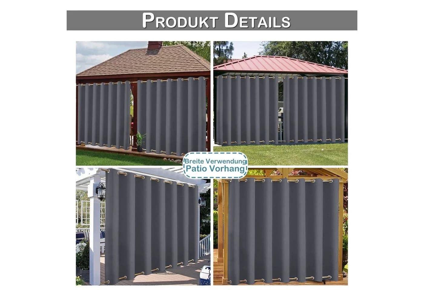 Qelus Outdoor Gardine Sichtschutz Wetterfest Dunkelgrau 2er Set mit Ösen
