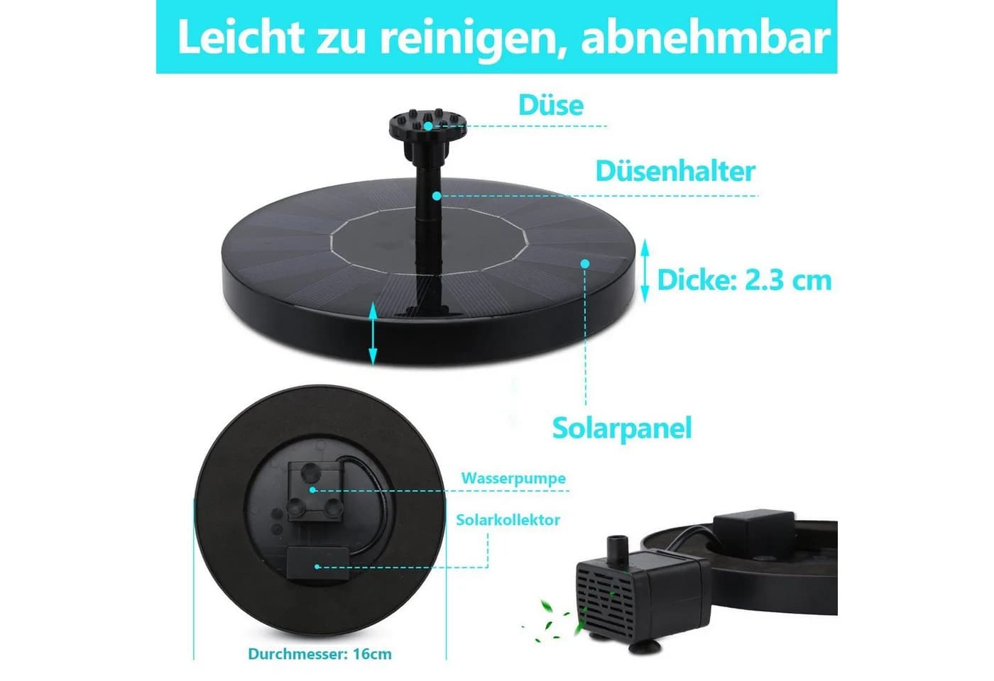 FELIXLEO Teichpumpe Solarpumpe Solar Springbrunnen 1.5 Watt Wasserspiel - Bild 3