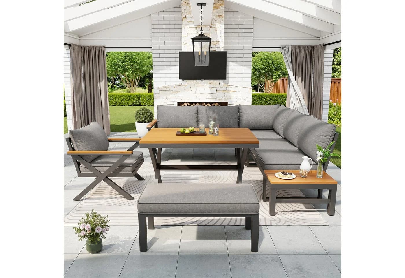 Odikalo Gartenlounge-Set Grau Metall X-Design 10cm Kissen