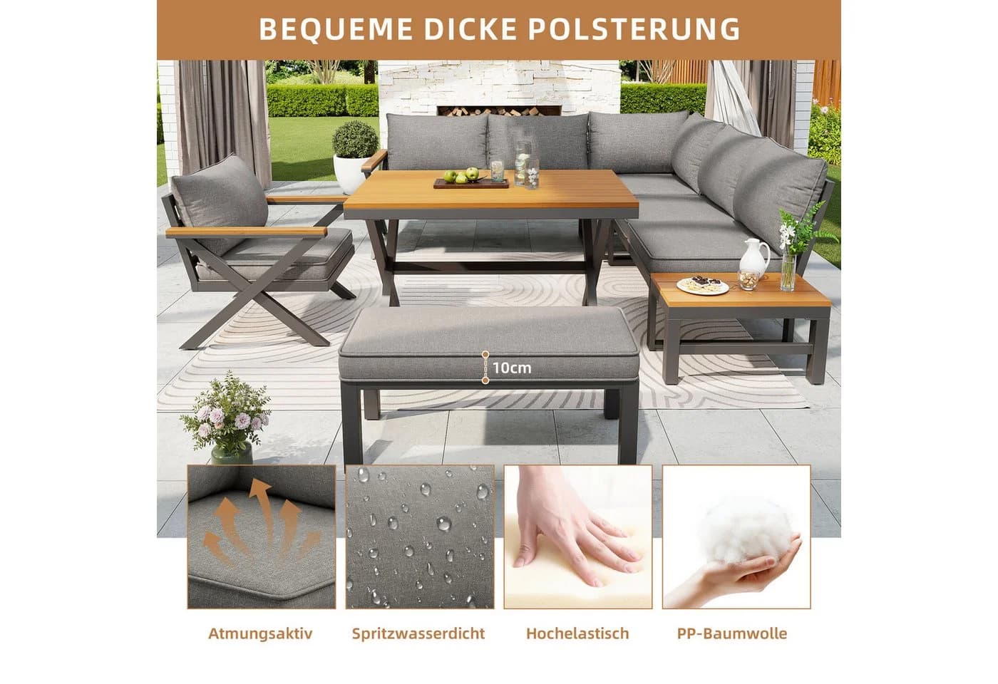 Odikalo Gartenlounge-Set Grau Metall X-Design 10cm Kissen - Bild 3