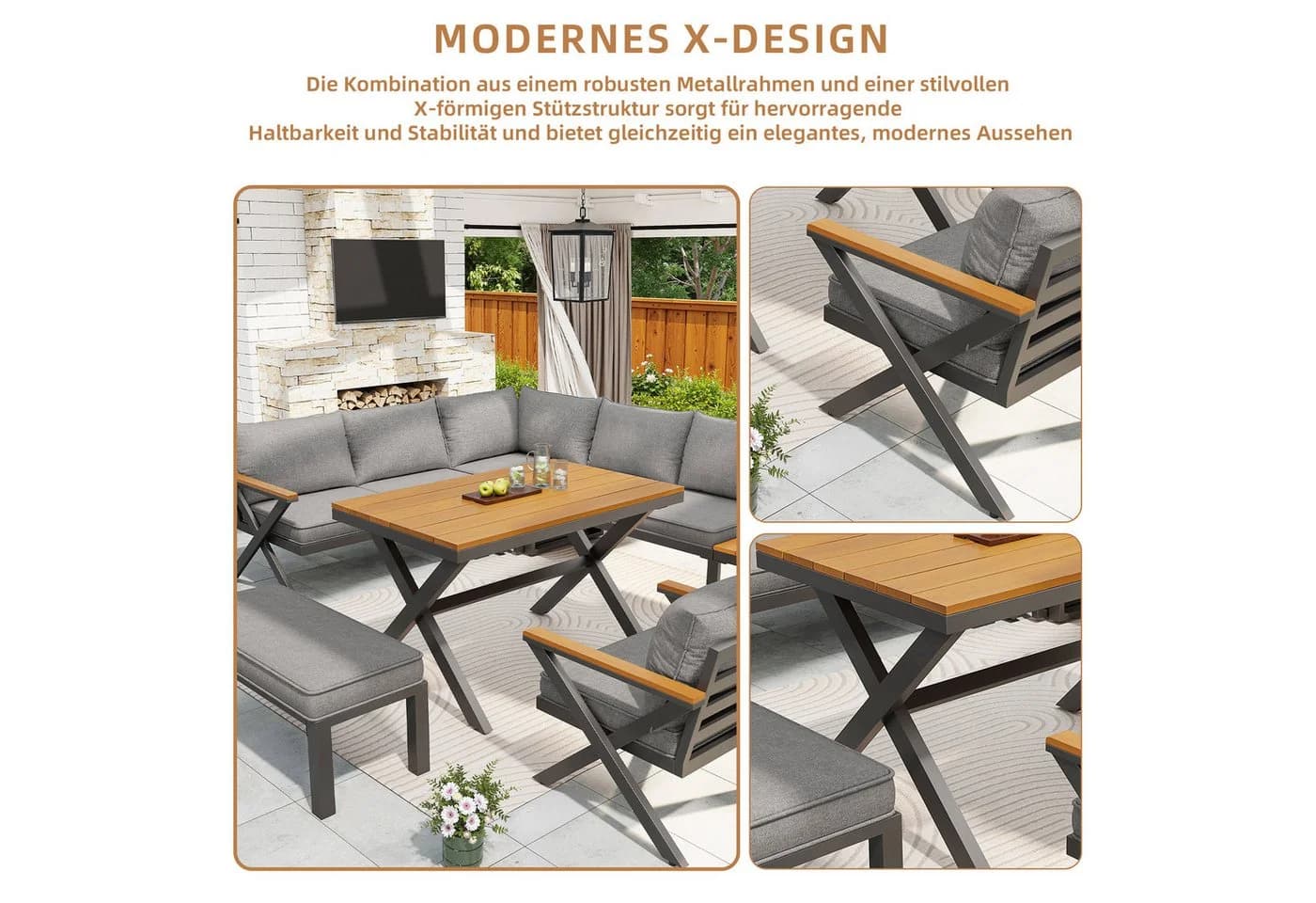 Odikalo Gartenlounge-Set Grau Metall X-Design 10cm Kissen - Bild 4