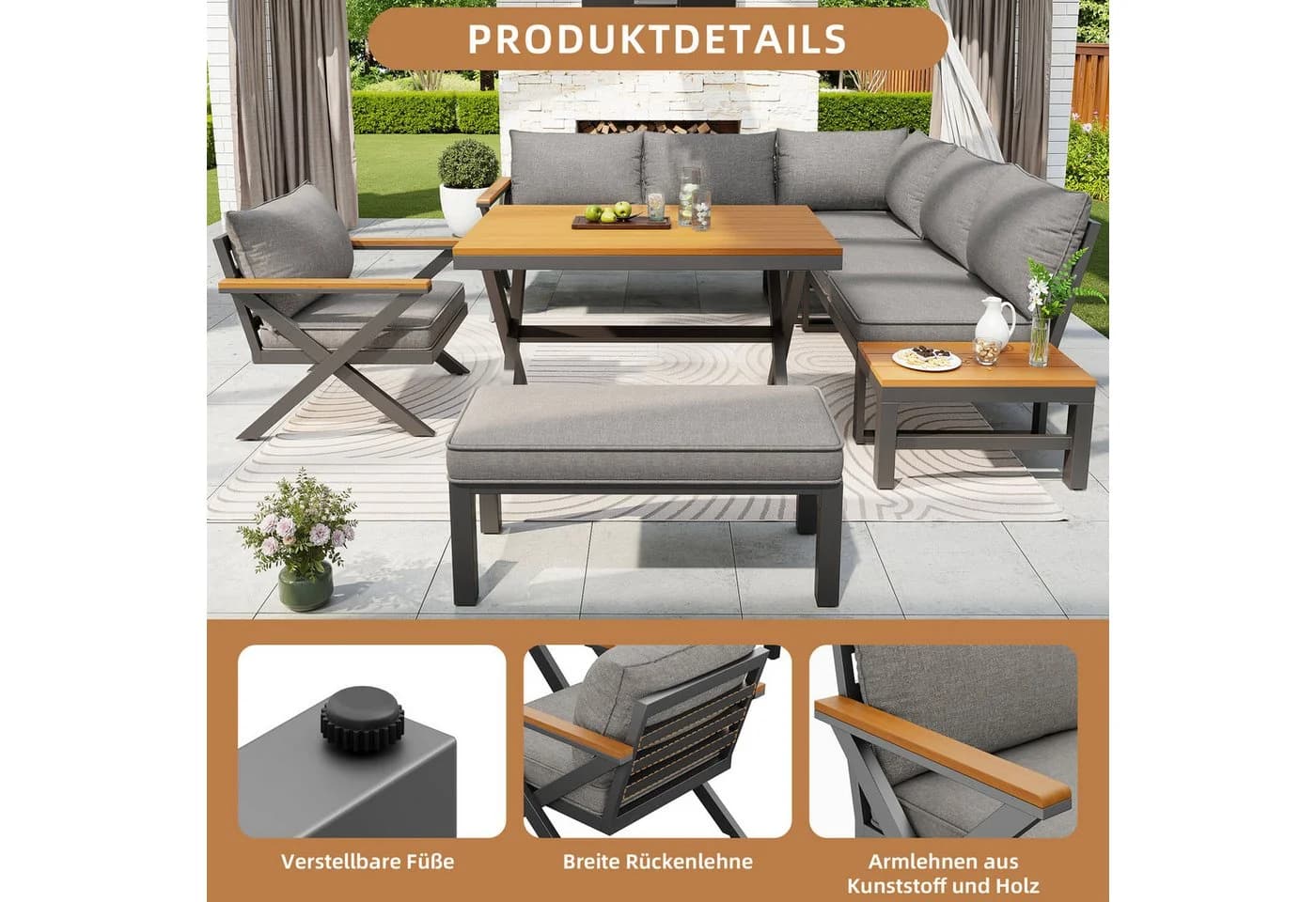 Odikalo Gartenlounge-Set Grau Metall X-Design 10cm Kissen - Bild 5