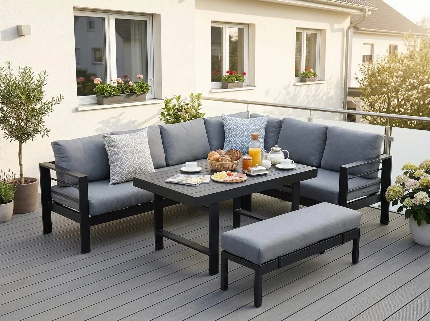 MeXo Gartenlounge-Set XXL 5-tlg. Aluminium Schwarz mit Kissen - Bild 2