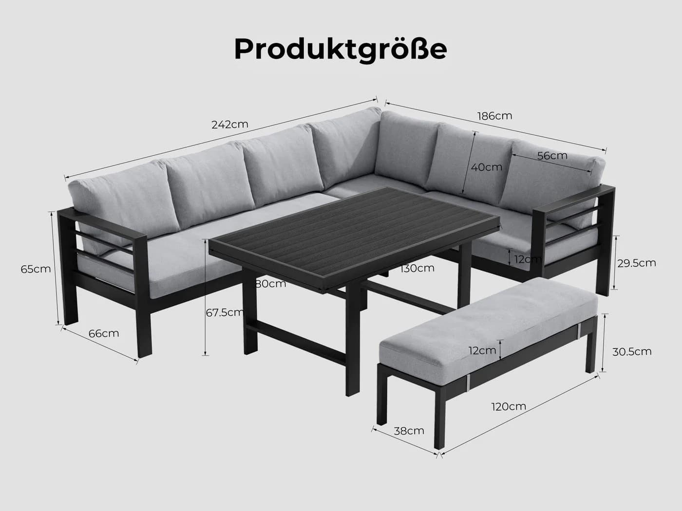 MeXo Gartenlounge-Set XXL 5-tlg. Aluminium Schwarz mit Kissen - Bild 4