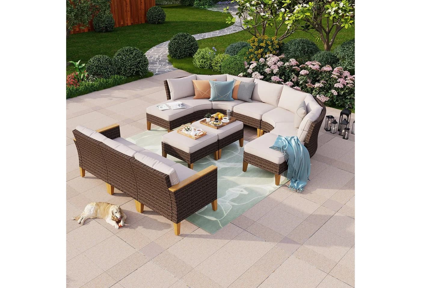 PHI VILLA Gartenlounge-Set Halbmond 10-12 Plätze Beige Poly Rattan - Bild 2