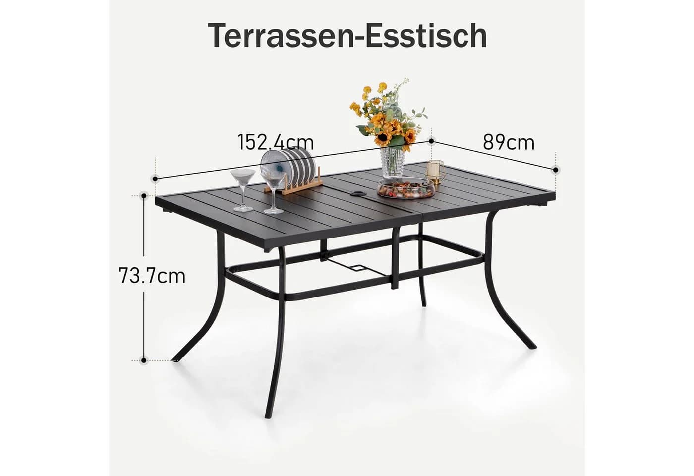 PHI VILLA Gartentisch Schwarz Metall mit Schirmloch