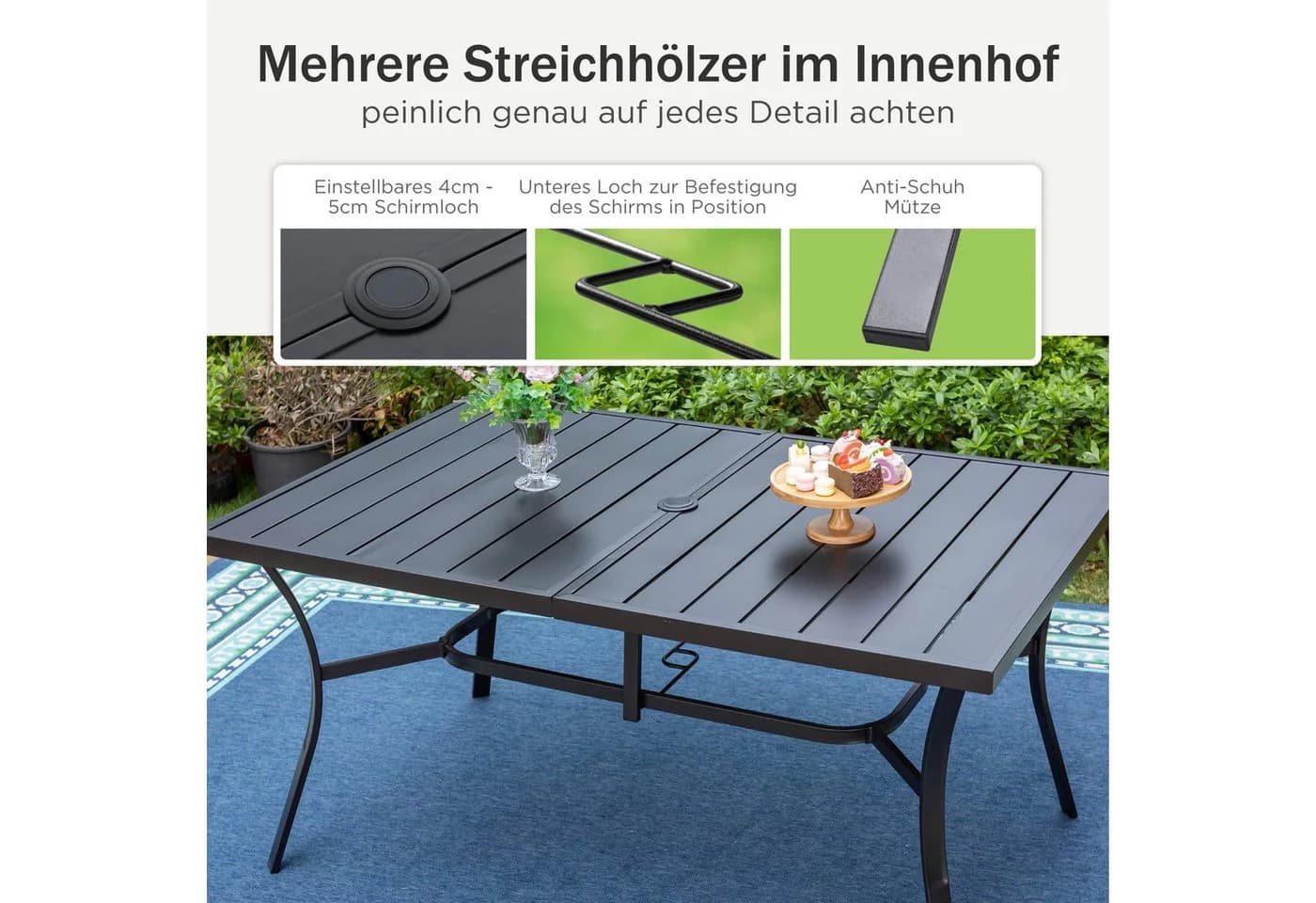 PHI VILLA Gartentisch Schwarz Metall mit Schirmloch - Bild 3