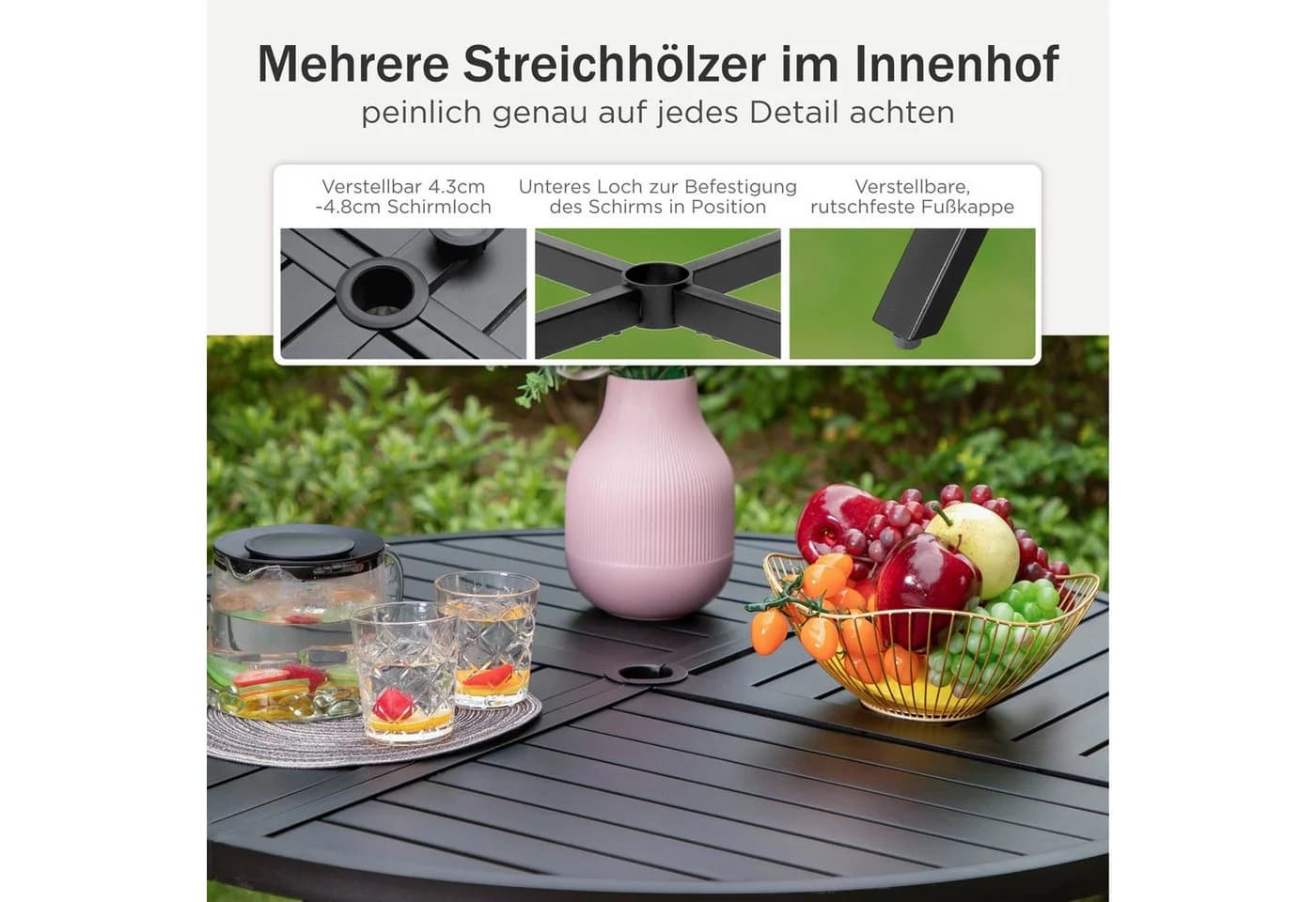 PHI VILLA Gartentisch Rund Metall Schwarz mit Schirmloch - Bild 3