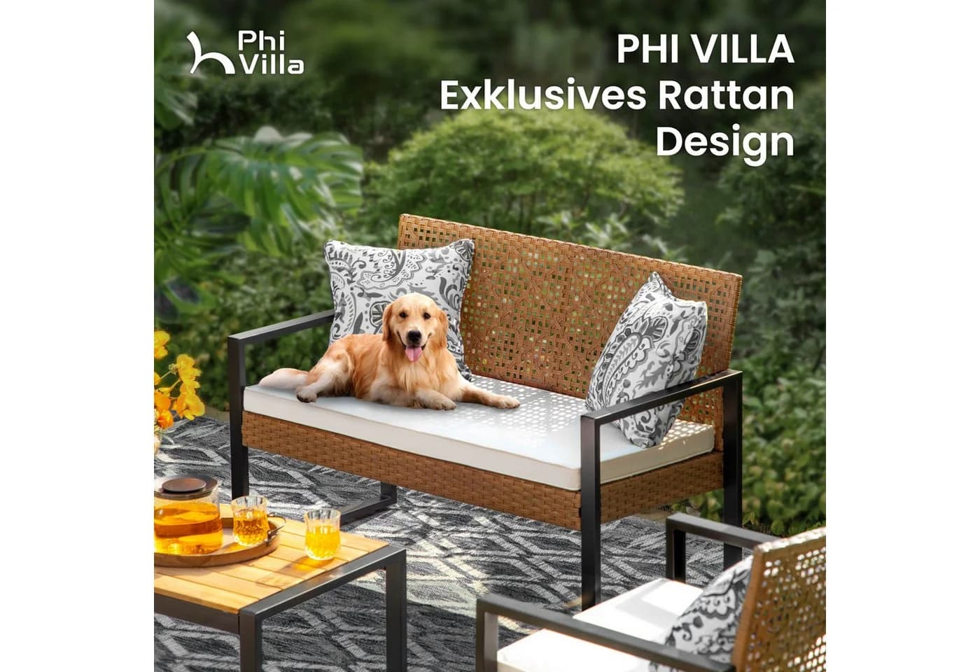 PHI VILLA Gartenlounge-Set 4-tlg. Beige PE Rattan Akazie - Bild 3