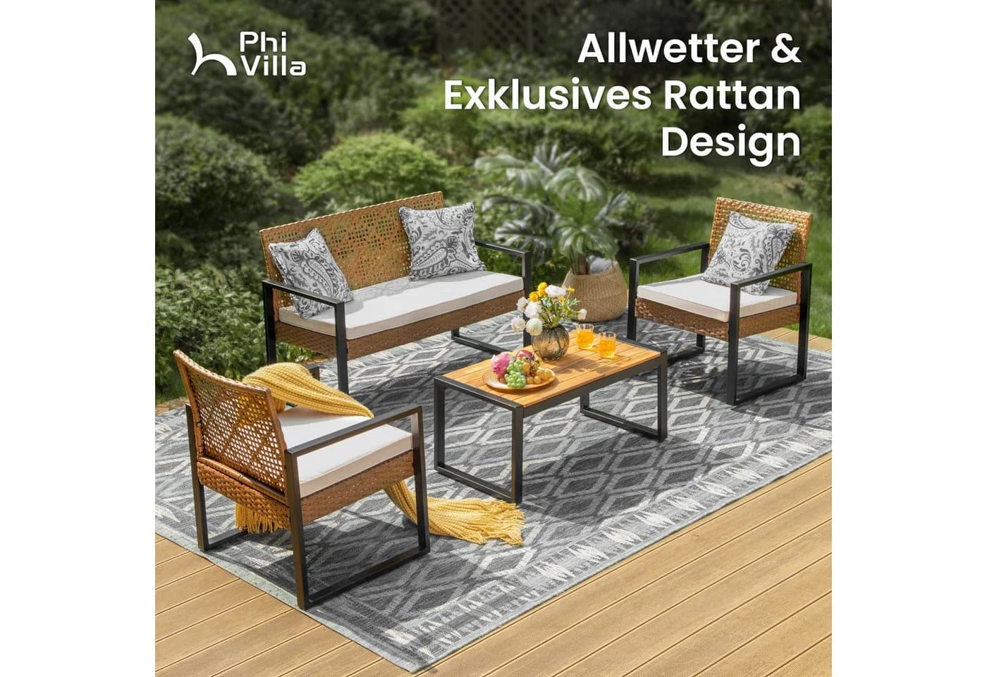 PHI VILLA Gartenlounge-Set 4-tlg. Beige PE Rattan Akazie - Bild 5