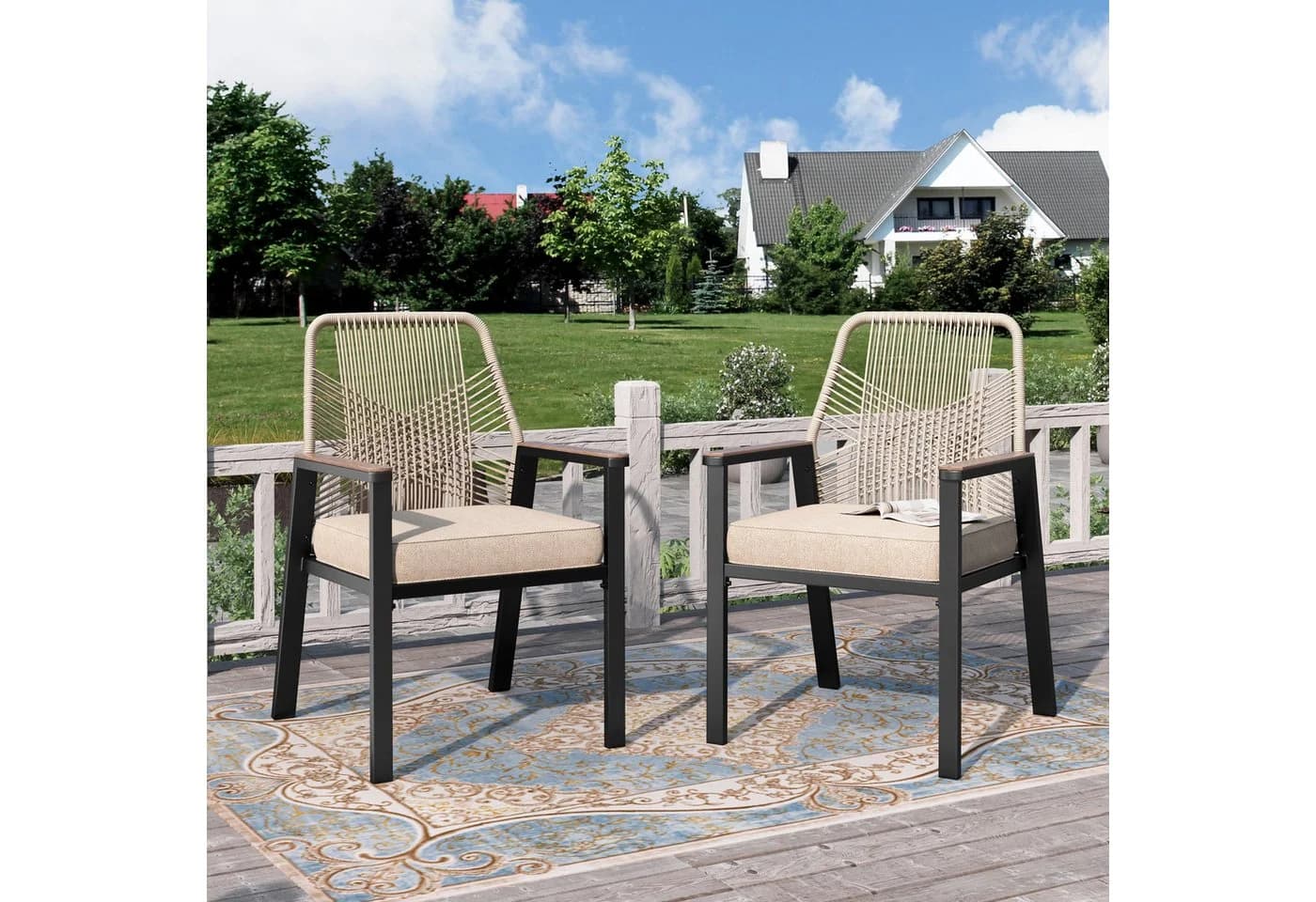 PHI VILLA Gartenstuhl 2er Set Beige Rattan Holz - Bild 2