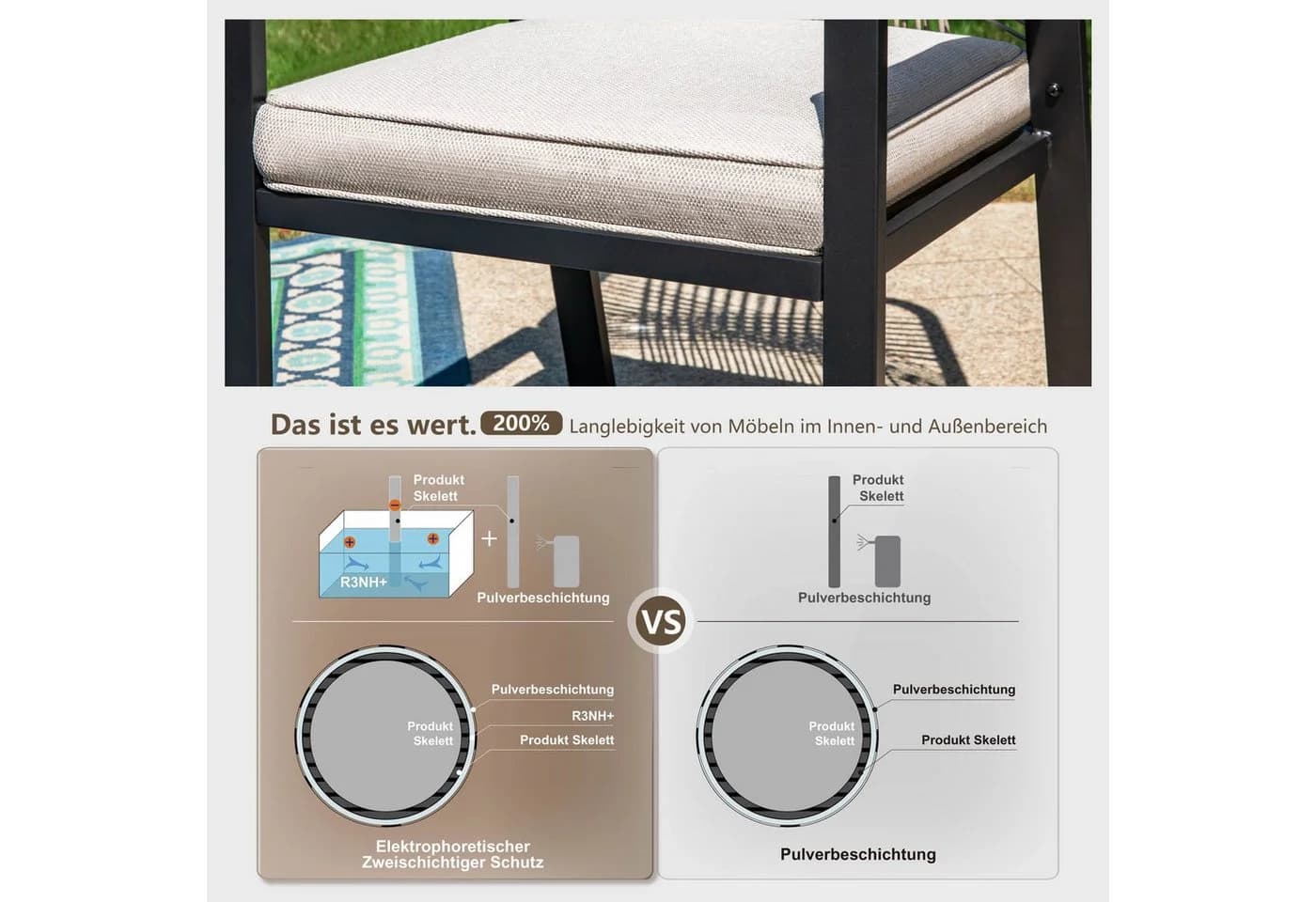PHI VILLA Gartenstuhl 2er Set Beige Rattan Holz - Bild 5