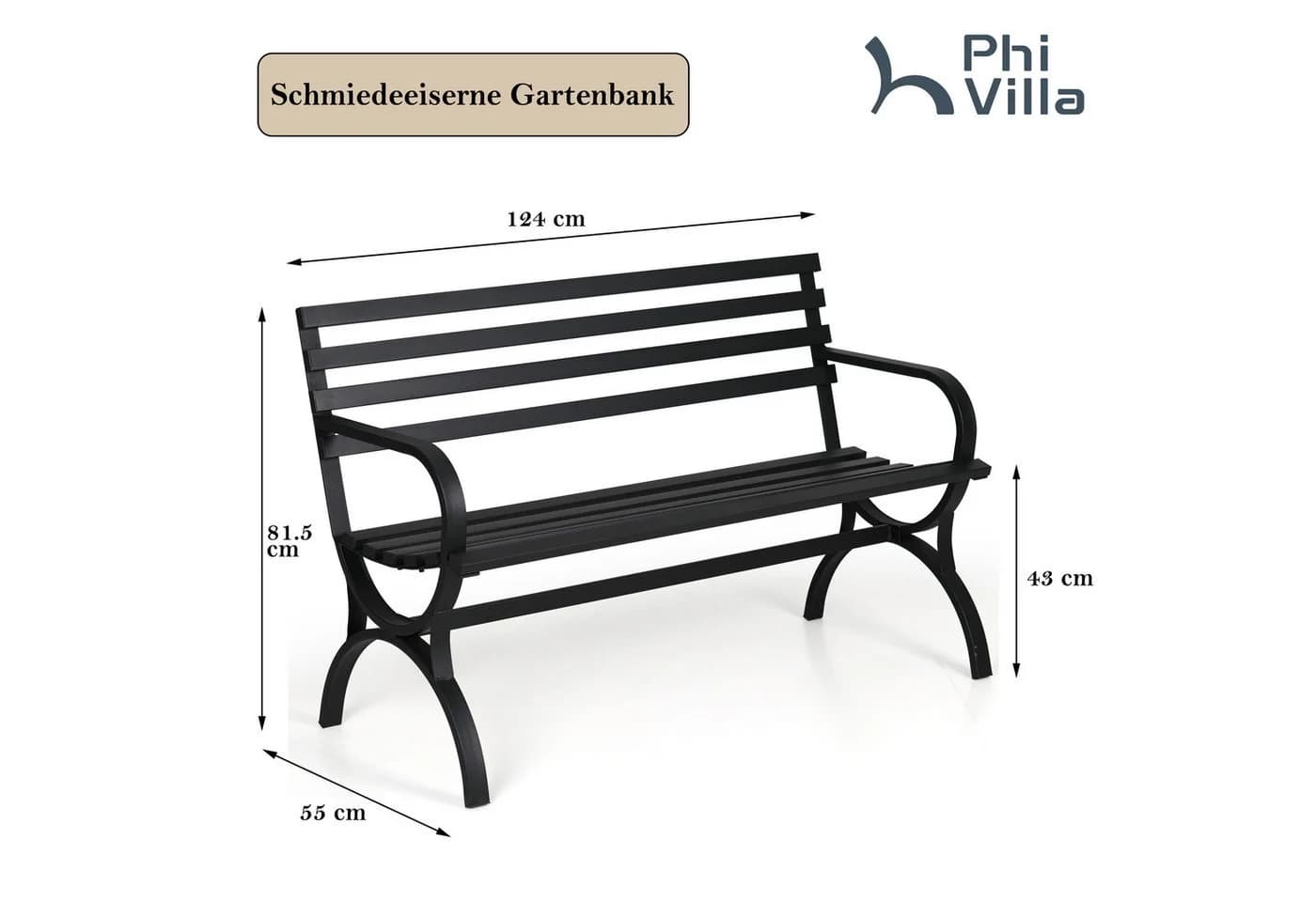 PHI VILLA Gartenbank Metall Schwarz Wetterfest